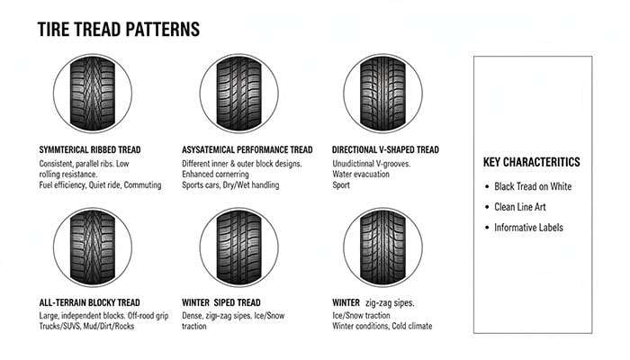 Chart explaining five tire tread patterns with designs, characteristics, uses, and sample images for each type