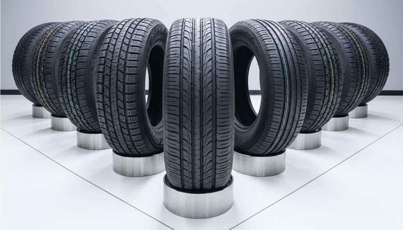 Various tire types displayed showing different tread patterns for all-terrain mud radial applications
