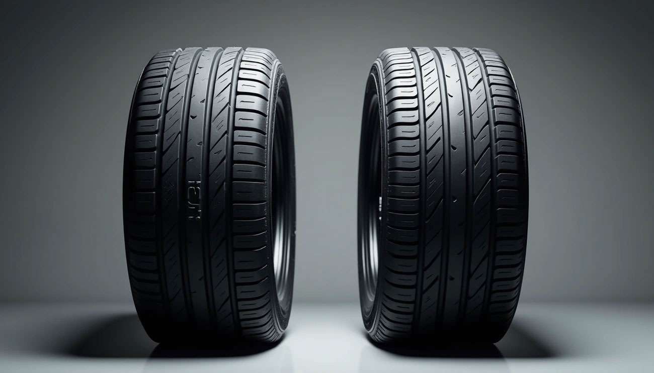 Two black car tires with detailed tread patterns displayed against a gray background for American vs British spelling article.