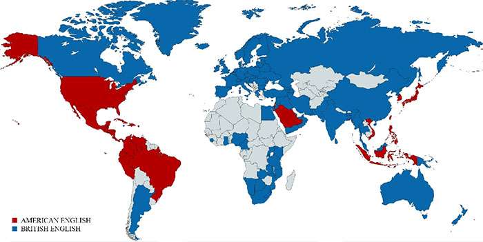 World map showing countries teaching American English in red and British English in blue, with some countries uncolored.