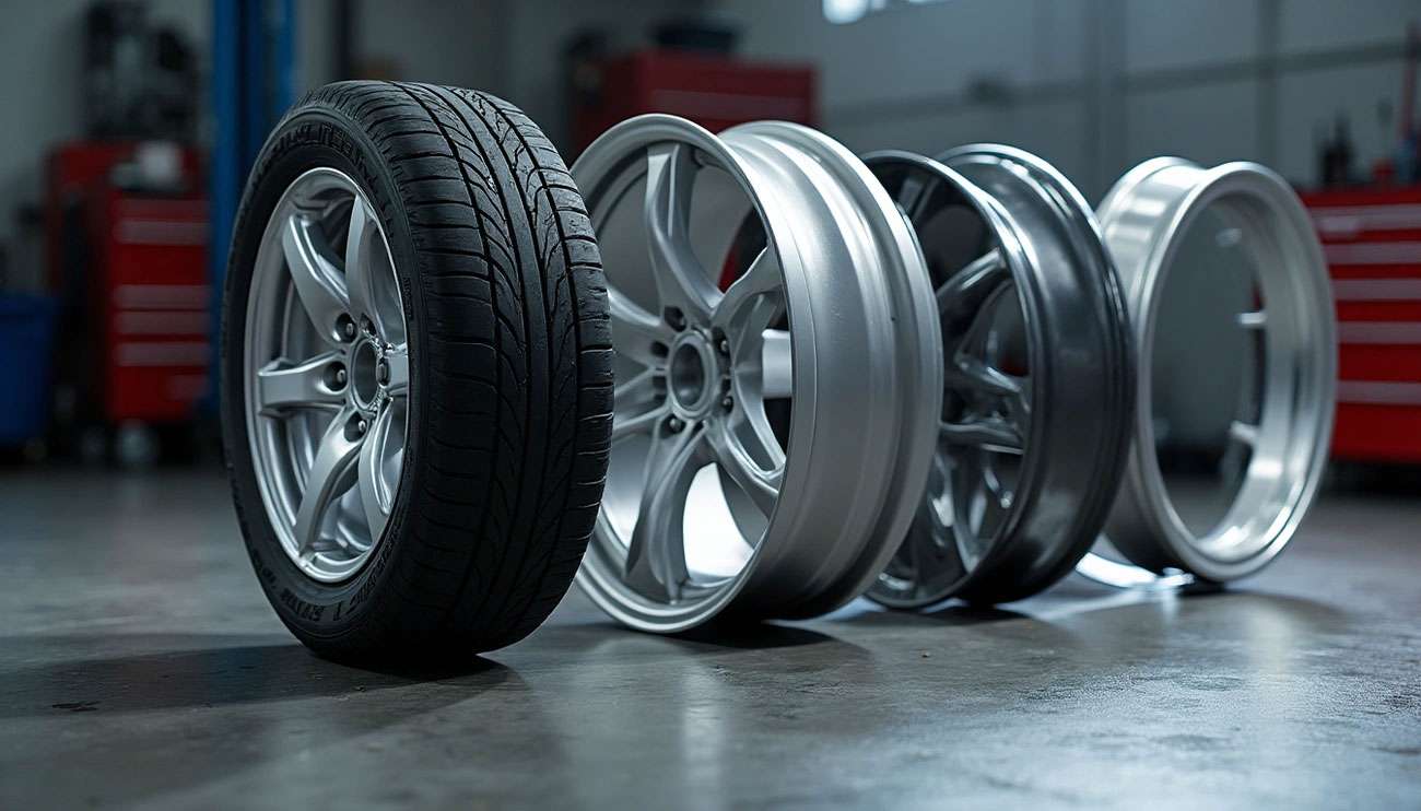 A car tire mounted on a wheel next to separate wheels and rims in a garage setting.