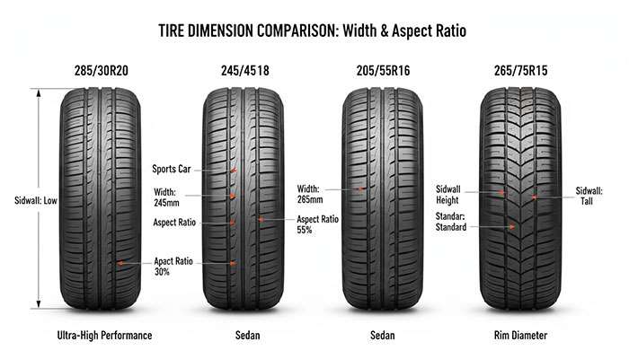 Visual comparison of tire widths and aspect ratios showing different sidewall heights