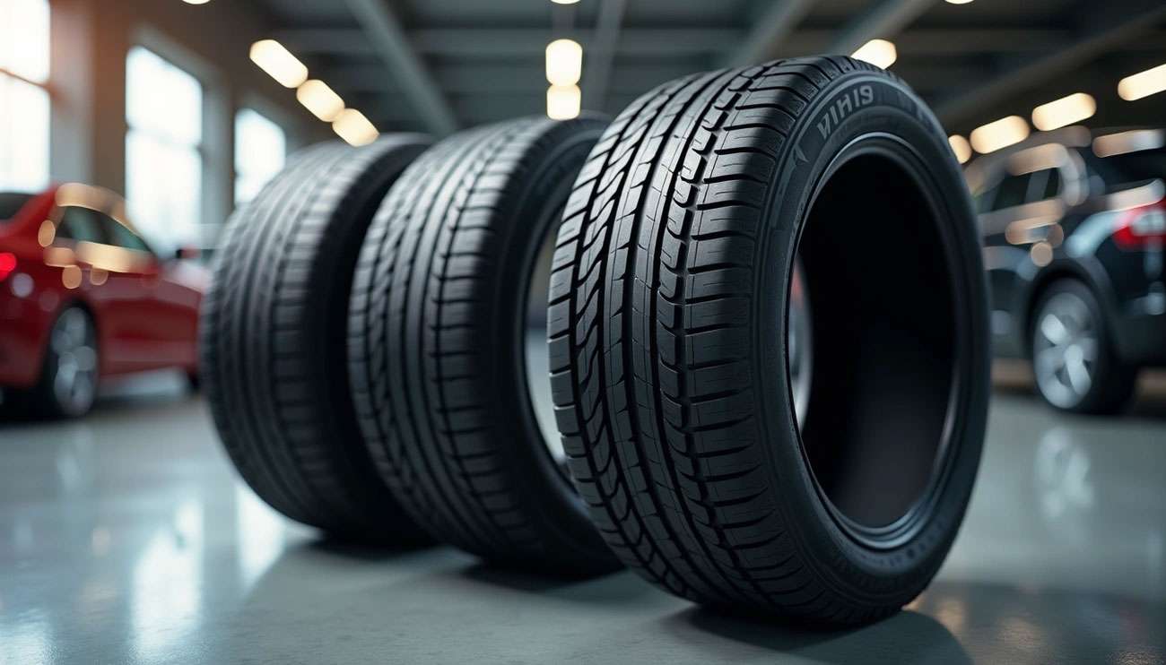 Top budget tires for small sedans under $100 in 2025, neatly stacked in a service bay