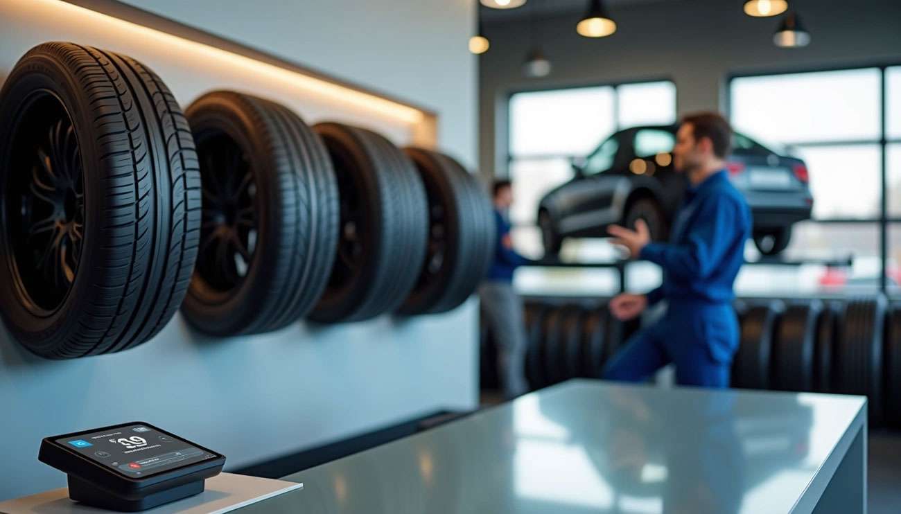 Tire shop interior with tires on display and a digital payment terminal showing $280.78 on a glass counter.