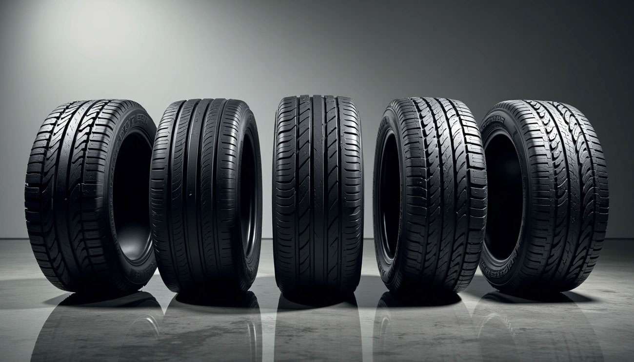 Five different car tires standing upright in a row on a reflective surface with a gray background