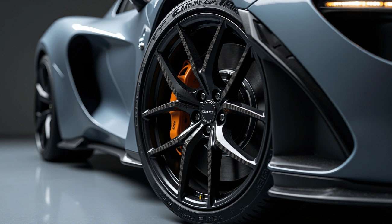 Close-up of a sports car wheel showing torsional rigidity design for precise handling and power transfer