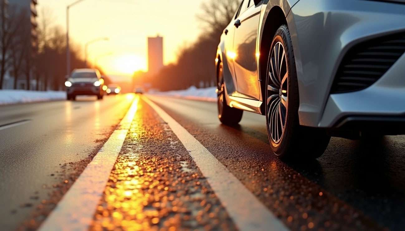 Close-up of a car's touring tire on a city road at sunset with other vehicles in the background