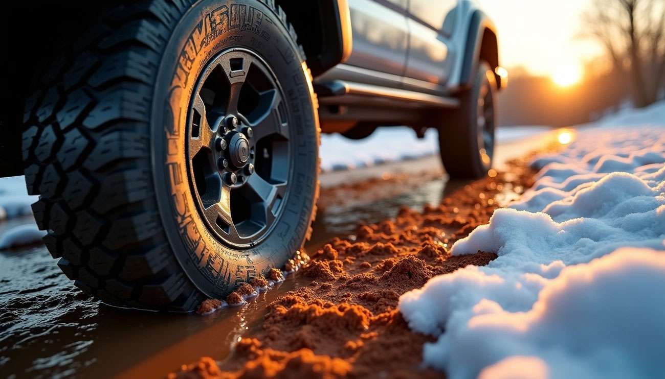 Close-up of a Toyo tire on a muddy, snowy road at sunset, highlighting its rugged tread and durability