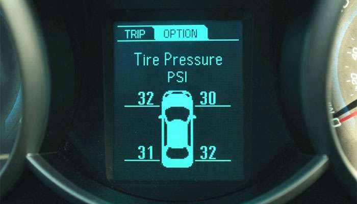 Car dashboard display showing each tire’s pressure in PSI via TPMS