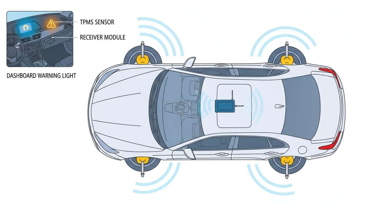 Diagram showing a car's Tire Pressure Monitoring System with sensors in each tire, module, and warning light on dashboard