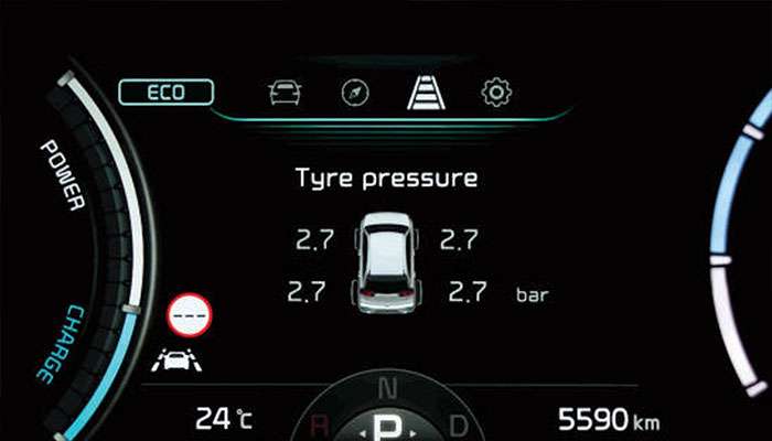 Dashboard showing TPMS pressures and warning icon for diagnosis