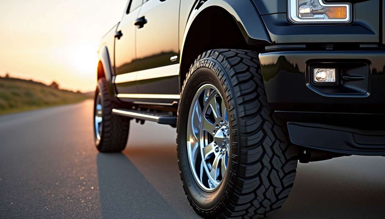 Close-up of a black truck's 275 55R20 tire on a road during sunset, highlighting tread and wheel details