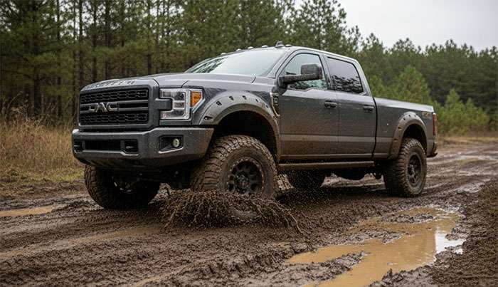 Truck with off-road tires navigating through muddy terrain demonstrating tire performance capabilities