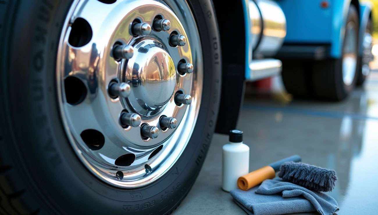 Polished aluminum truck rim with cleaning tools—maintenance guide hero image