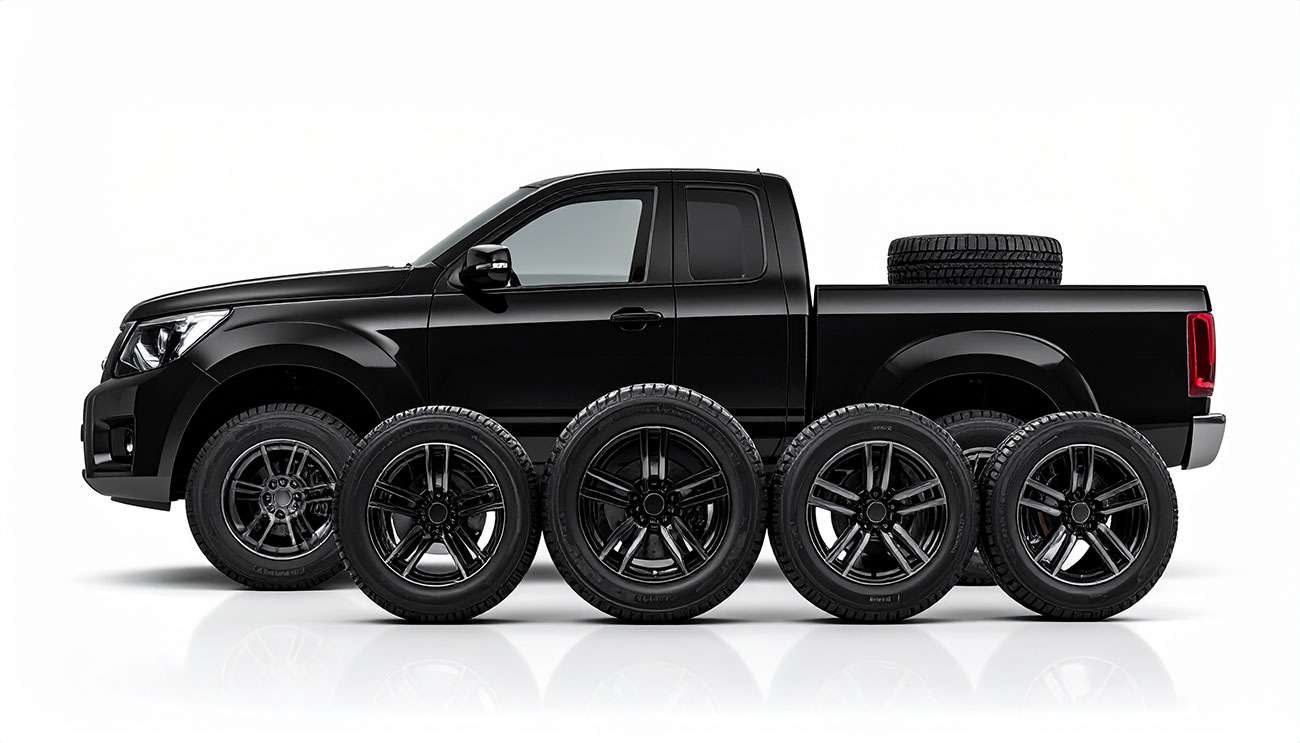 Mechanic in a garage comparing different truck rim sizes next to a black pickup truck under bright sunlight.