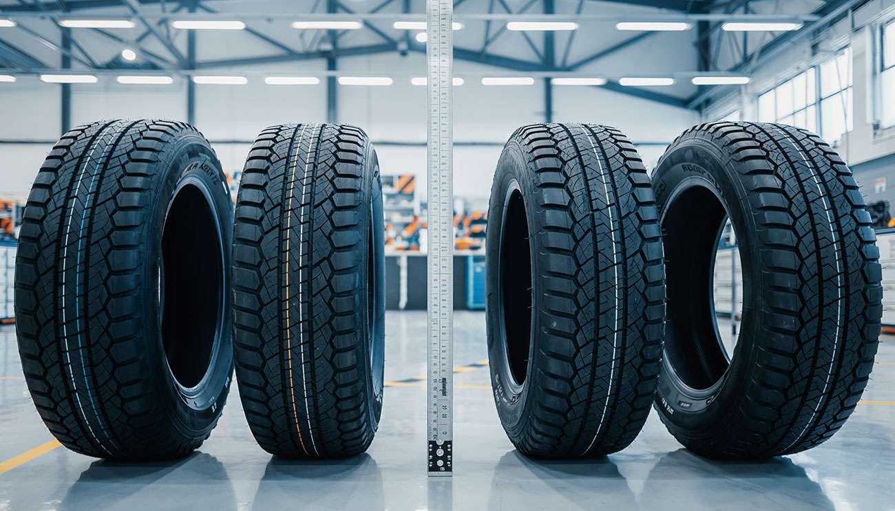 Four truck tires side by side in a workshop with a metal ruler between them measuring their height
