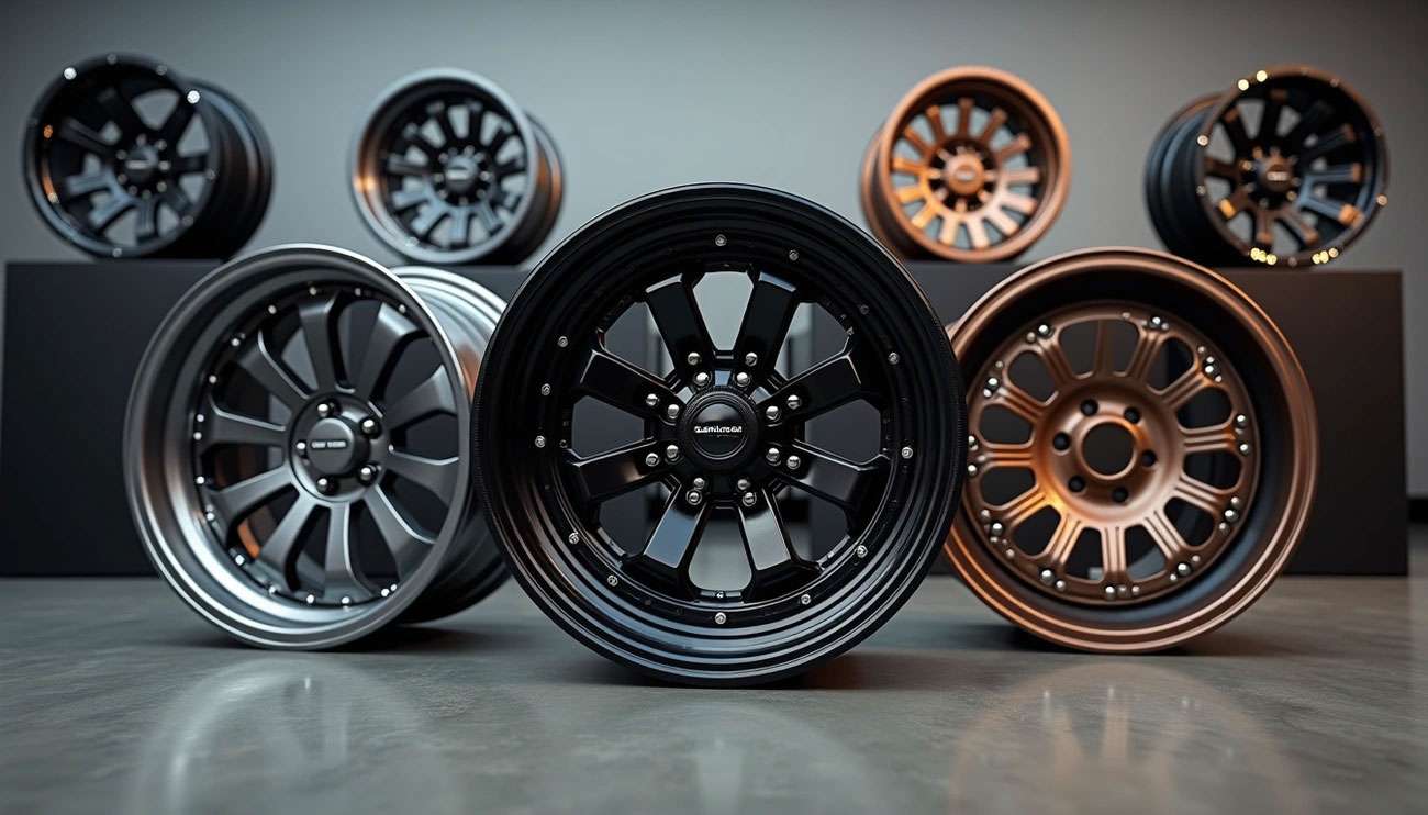 Variety of stylish truck wheels in black, silver, and bronze finishes displayed on a showroom floor