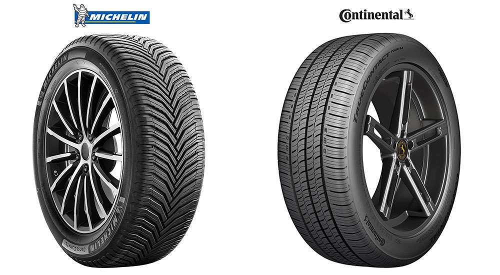 Comparison of Continental TrueContact Tour and Michelin CrossClimate 2 tires side by side with logos and labels.