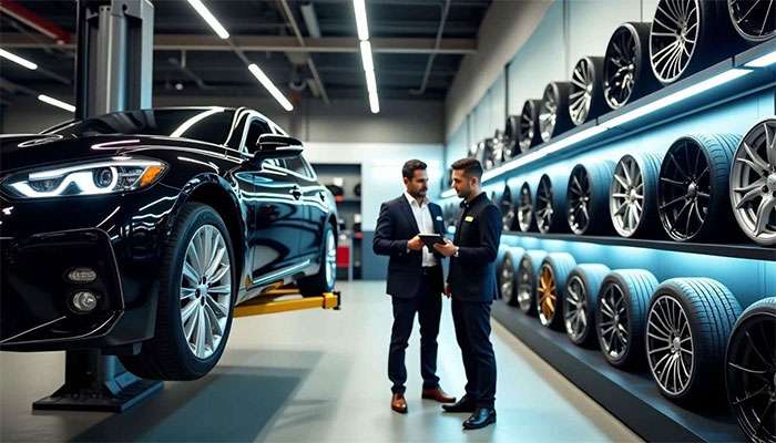 Two men in suits discuss wheel and tire options beside a black car on a lift in a modern auto shop showroom
