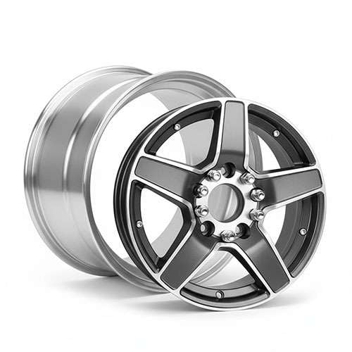 Two-piece alloy wheel showing separate barrel and face components with visible bolts