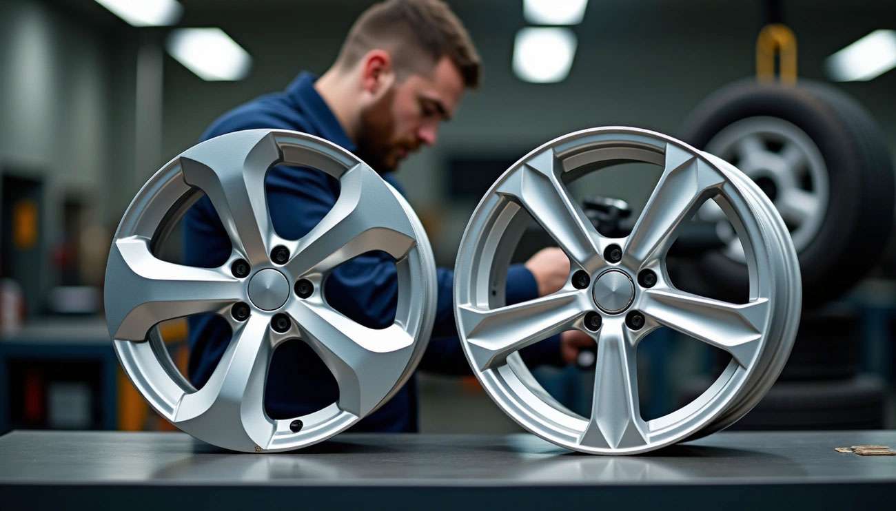 Two silver alloy car rims displayed on a workbench in a professional automotive workshop