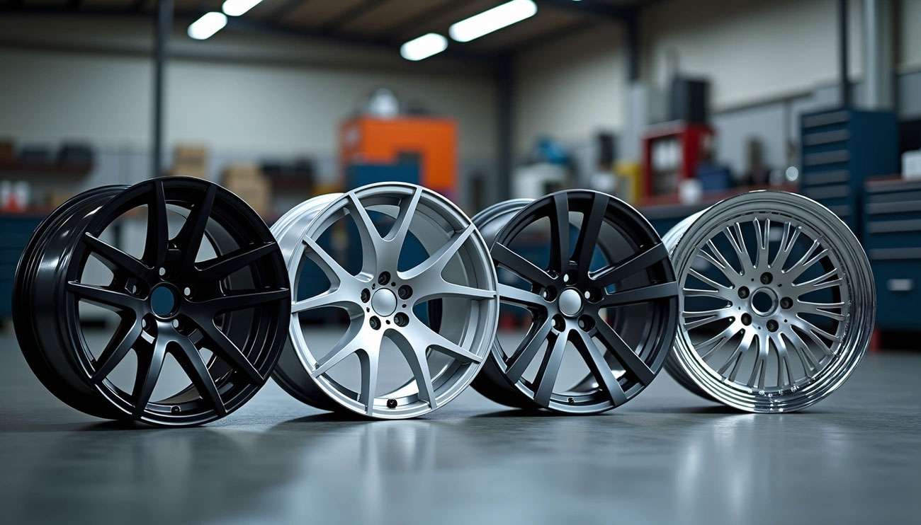 Four different styles of car wheels displayed on a workshop floor, showcasing black, silver, and chrome finishes.