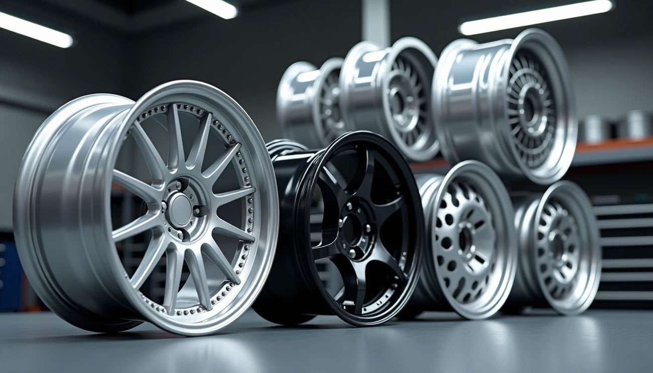 Various styles of car rims displayed in a workshop, showcasing different designs and finishes for buyers