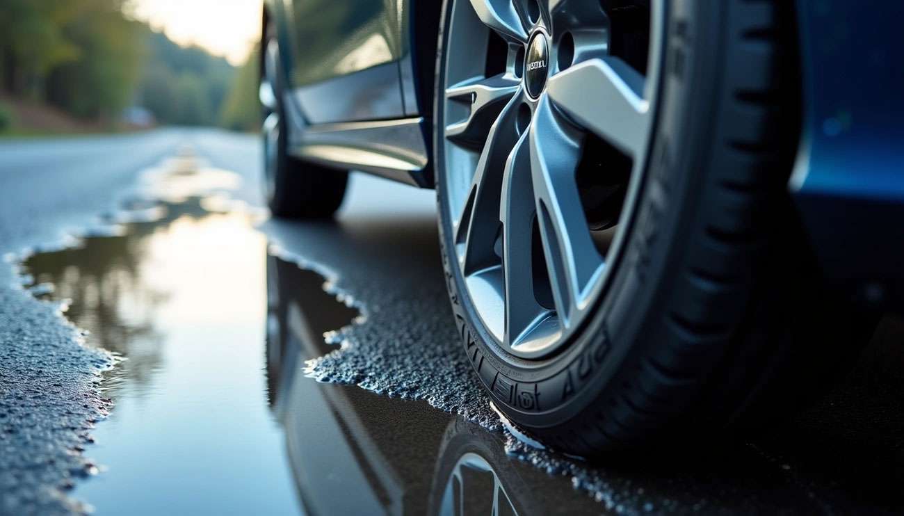 Close-up of a Uniroyal car tire on a wet road reflecting the sky and surrounding trees at dusk