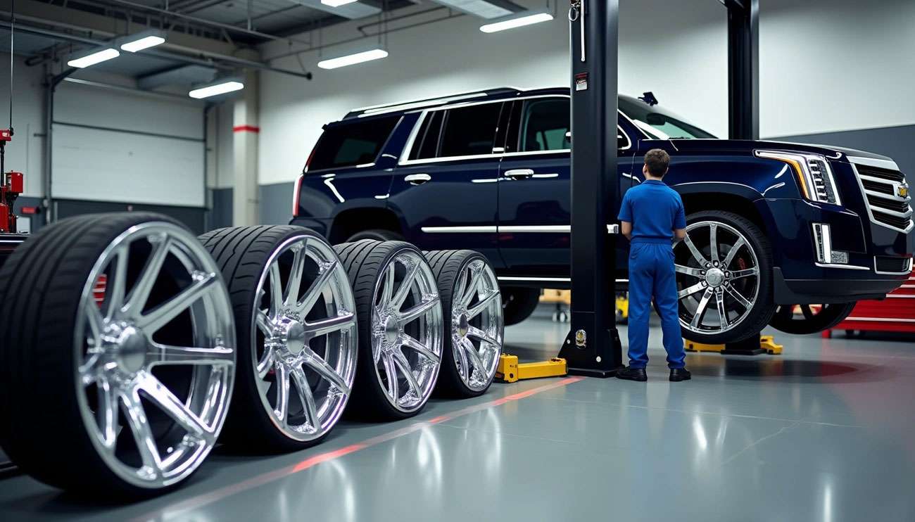 Full-size pickup with 26 inch custom wheels; fender, suspension, and brake clearance shown