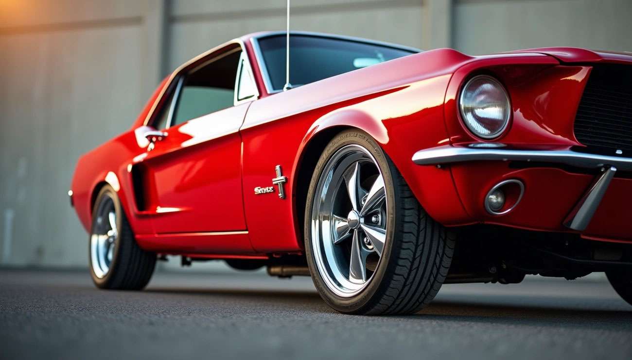 Close-up of a red classic Mustang showcasing polished US Mags wheels and stylish car design