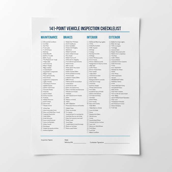 141 point comprehensive vehicle inspection checklist template for auto mechanics with maintenance, brakes, interior, and exterior sections