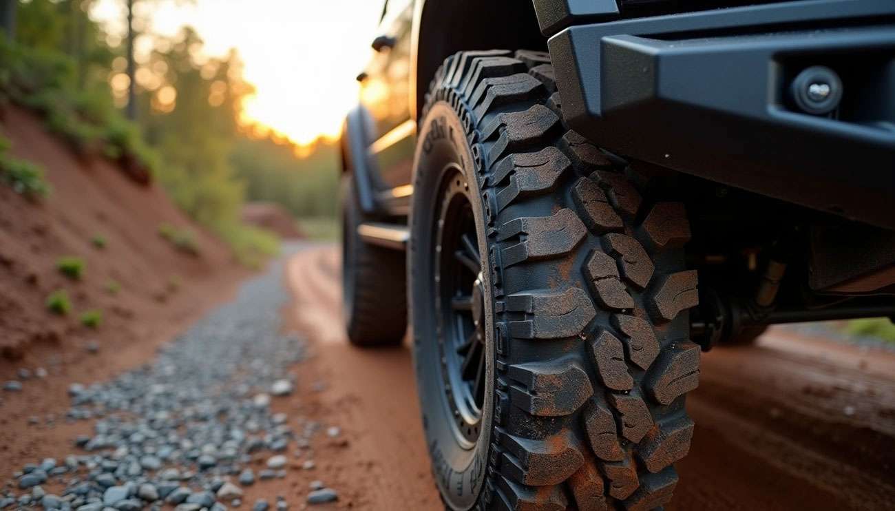 Close-up of a rugged off-road tire on a vehicle driving on a rocky dirt trail at sunset
