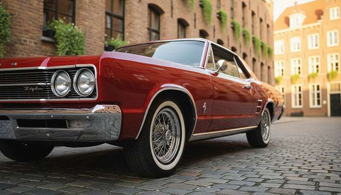 Vintage red car with classic whitewall tires parked on a cobblestone street in front of a brick building