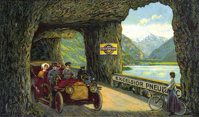 Vintage car and woman with bicycle in a mountain tunnel advertising Excelsior pneumatic tires by a lake.