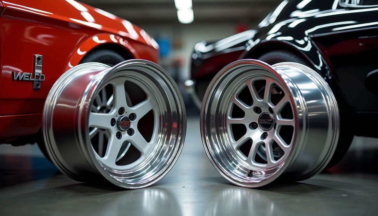 Two polished Weld racing wheels displayed between a red and black car in a garage setting