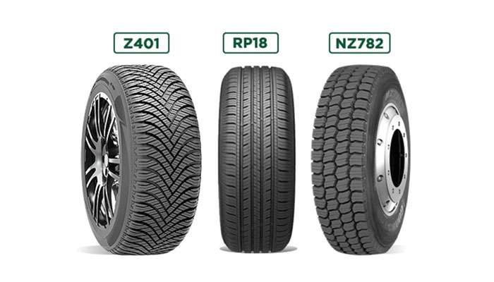Three Westlake tire models Z401, RP18, and NZ782 displayed side by side showing different tread patterns and uses