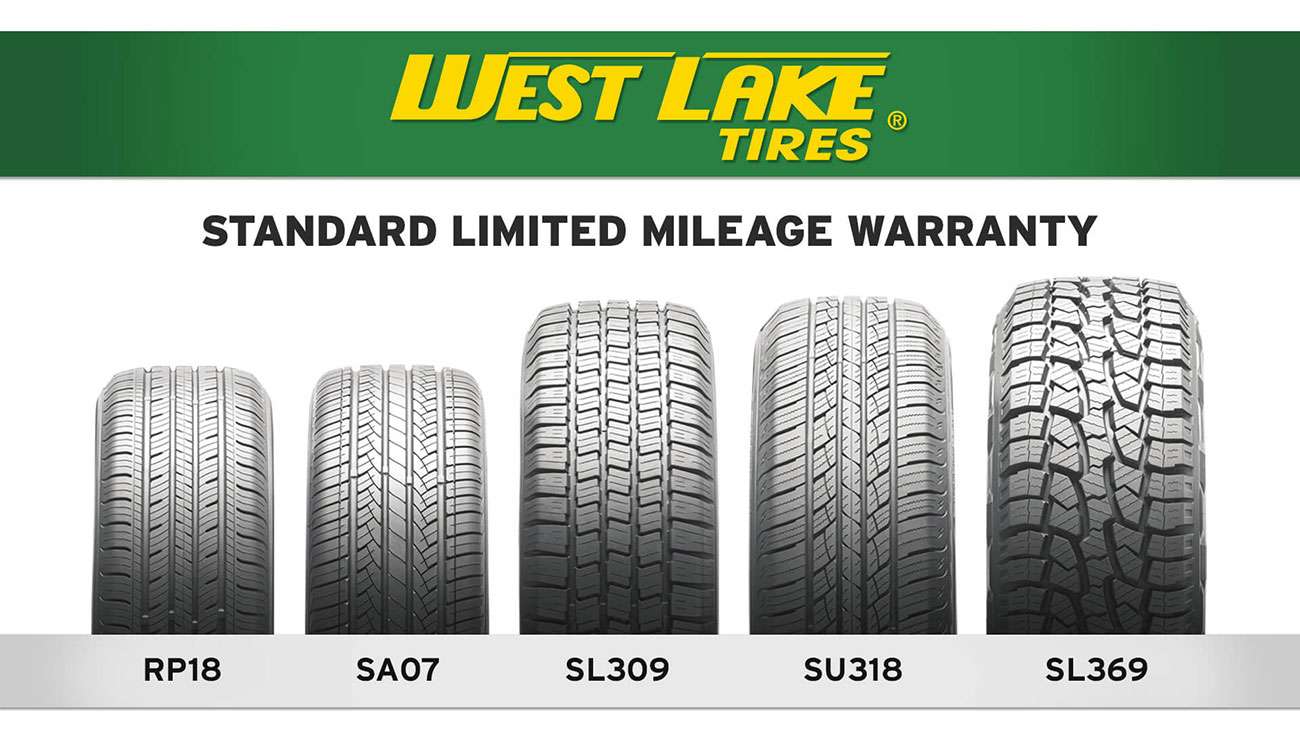 Five Westlake tire models (RP18, SL68, SL369) displayed in a row under the Westlake Tires sign showing their tread evolution