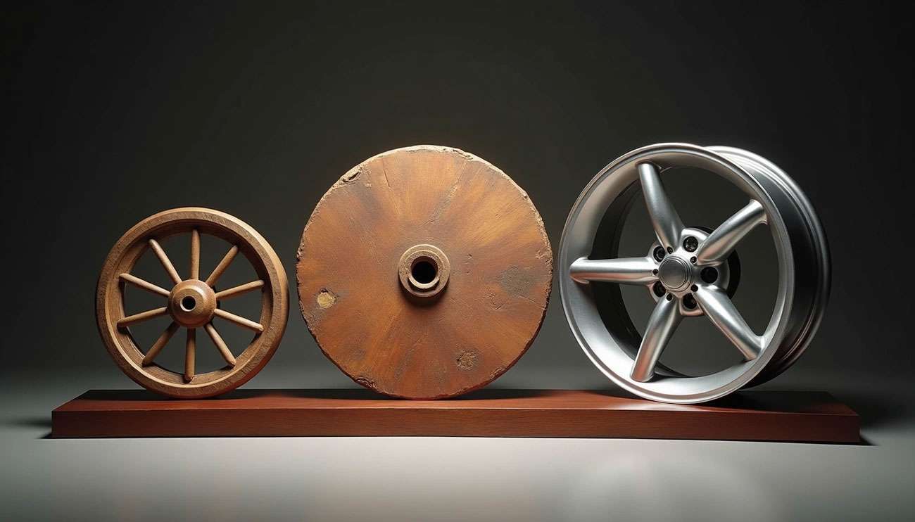 Three wheels showcasing the evolution of wheel design from ancient wooden to modern metal alloy.