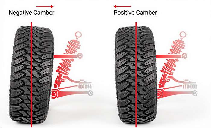 Diagram showing negative camber and positive camber wheel alignment for off-road 4x4 trucks with tire and suspension details