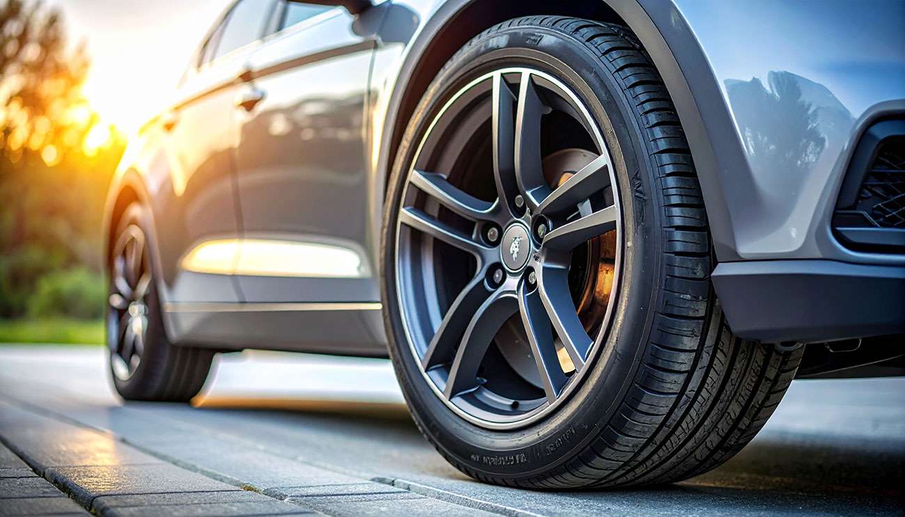 Close-up of a wheel and tire package mounted on a vehicle, showing tire size and wheel diameter