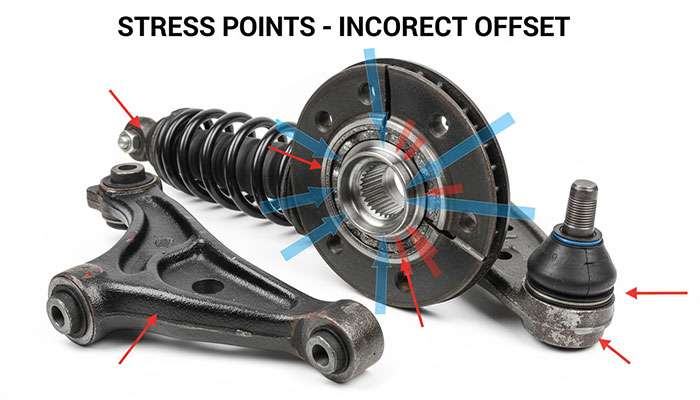 Close-up view of wheel bearing and suspension components showing stress points from incorrect wheel offset