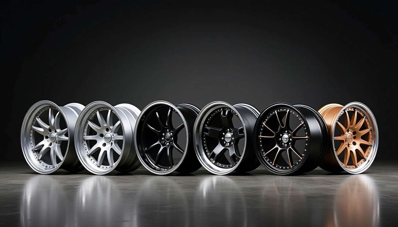 Six different stylish car wheel rims in silver, black, and bronze colors displayed against a dark background