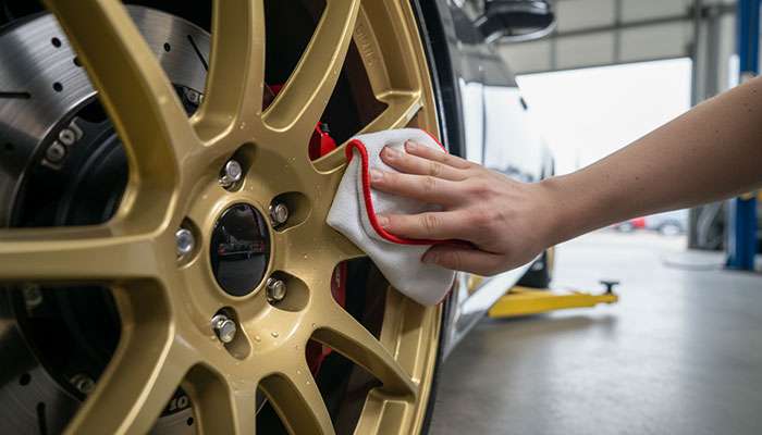 Person cleaning a gold Fifteen52 wheel on a car using a white cloth with a red edge