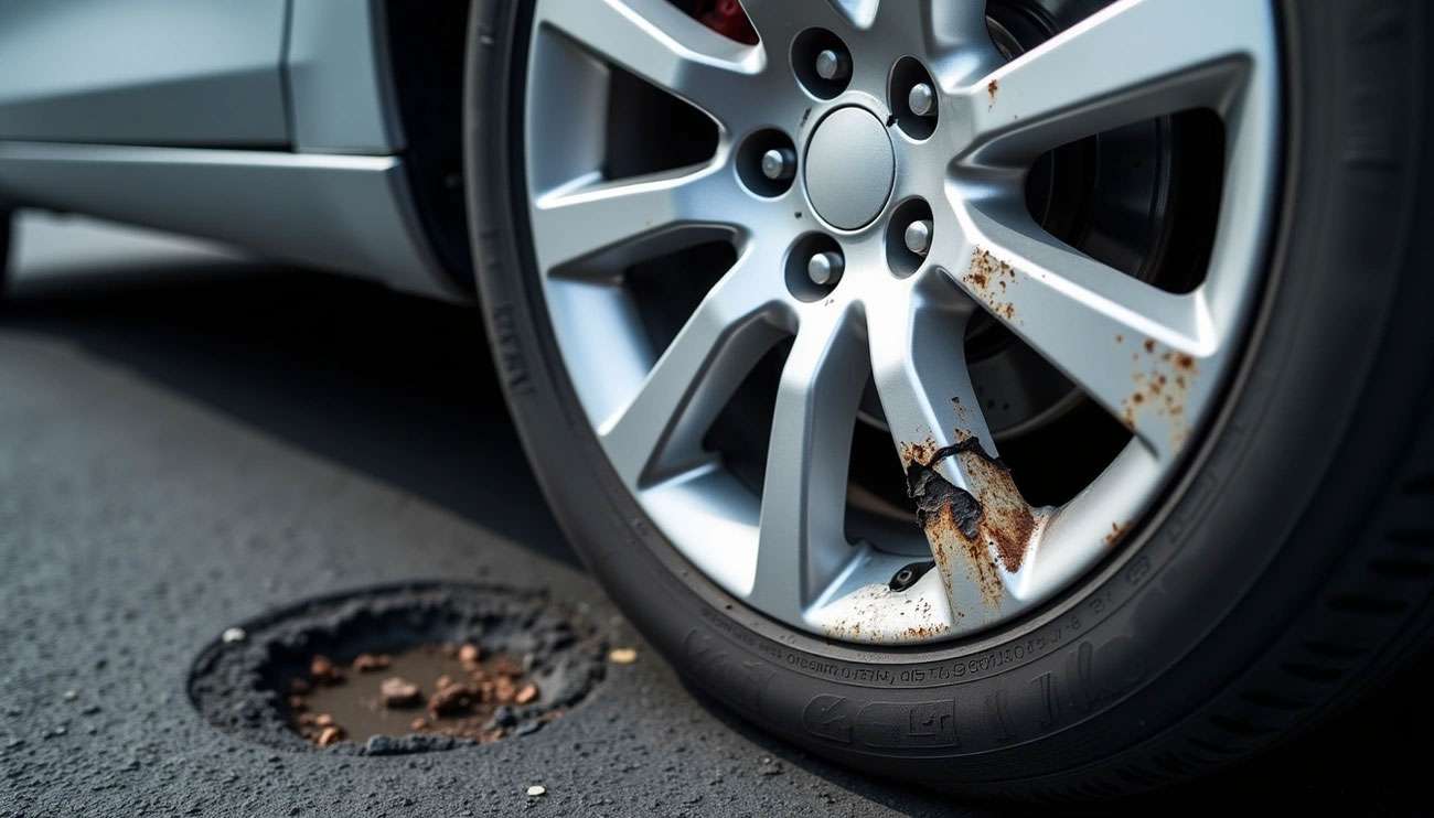 Close-up of a car wheel with visible damage near a pothole on the road.