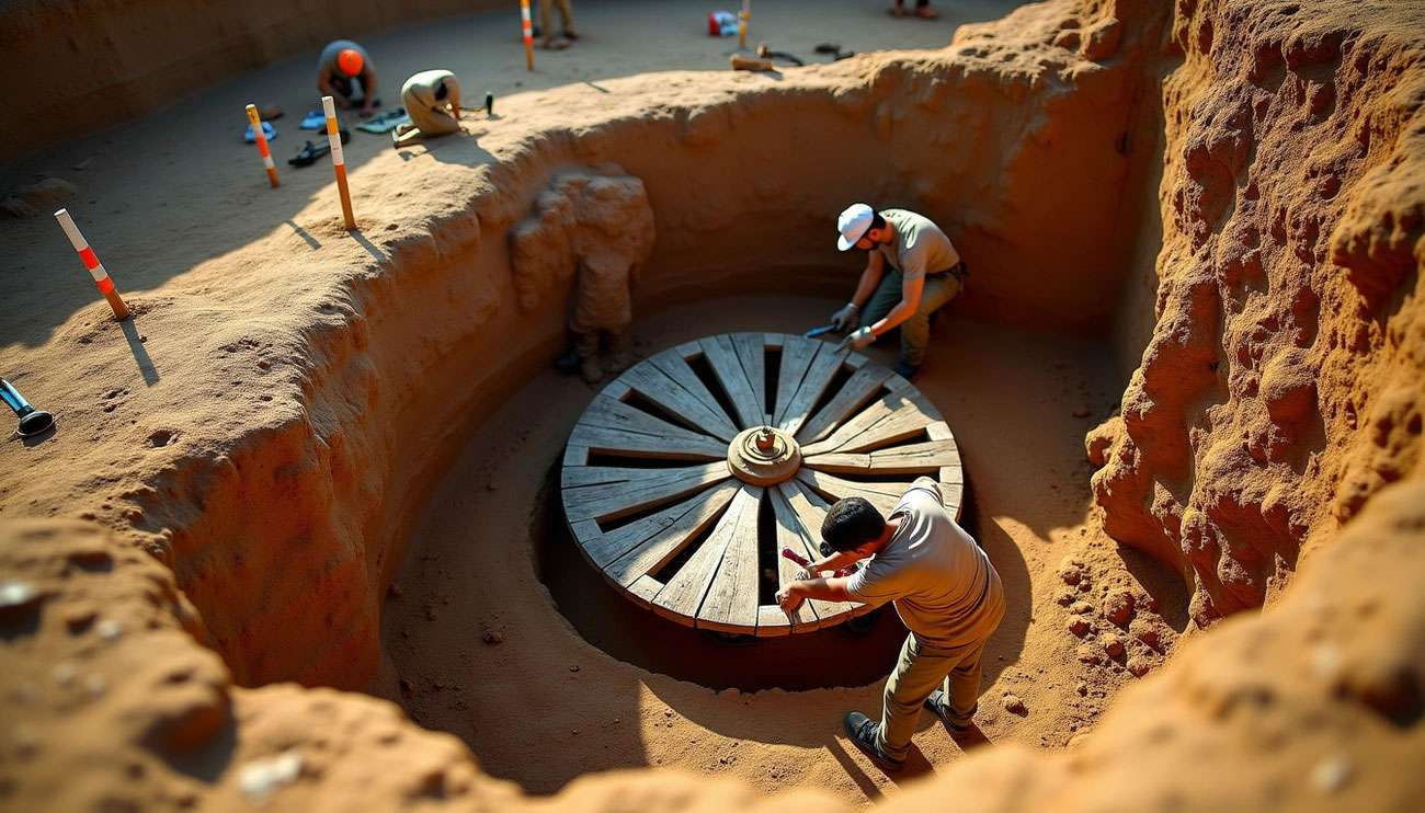 Archeologists carefully excavate a large ancient wooden wheel buried in a sandy pit at a dig site.