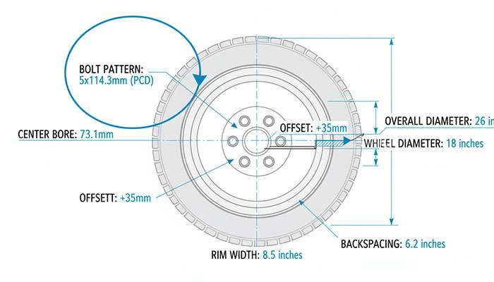 Technical diagram showing wheel fitment specifications including bolt pattern, offset, and diameter measurements