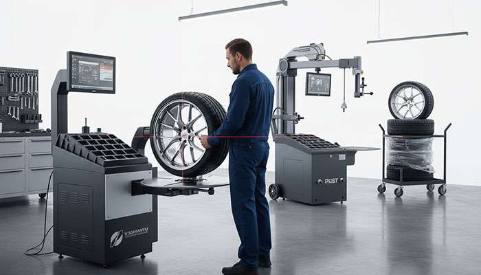 Professional wheel installation showing mounting balancing and alignment services