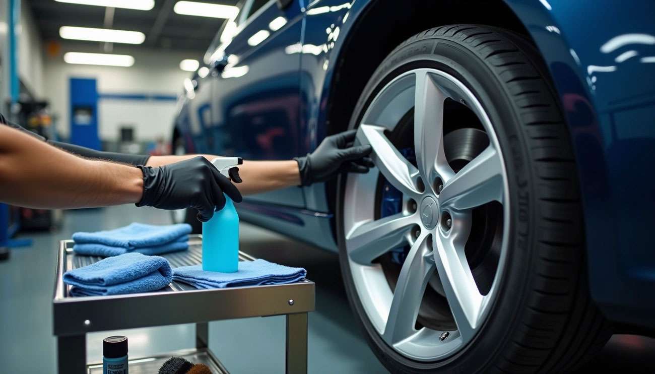 Person cleaning and inspecting a car wheel with spray bottle and microfiber cloths in a professional workshop setting