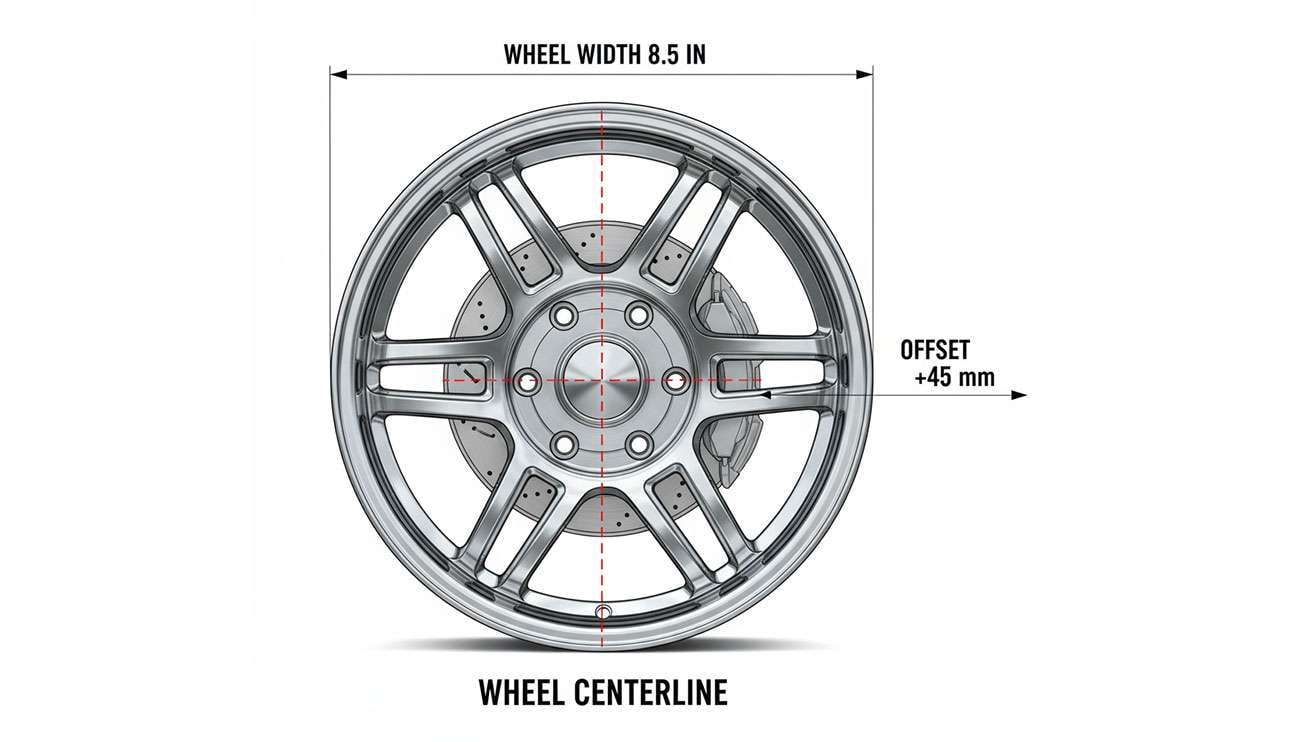 Diagram showing wheel offset as the distance between the wheel's mounting surface and its centerline