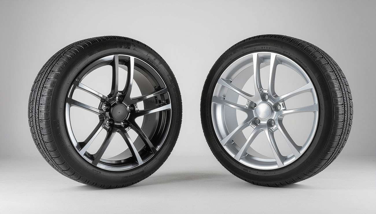 Close-up of two car wheels side by side highlighting differences in wheel offset and fitment issues